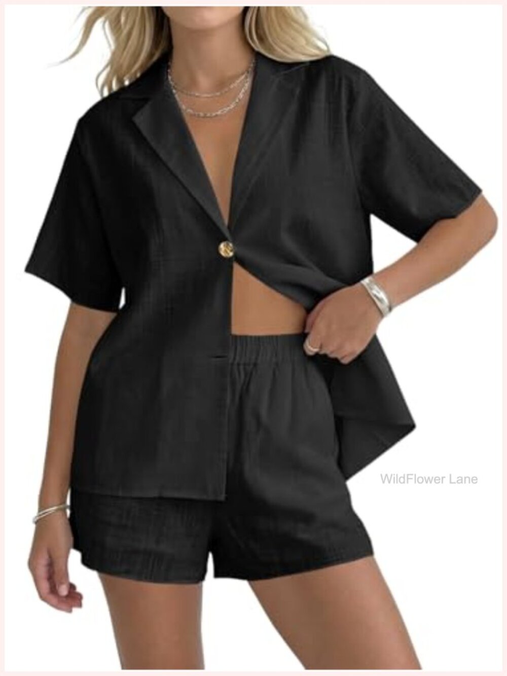 Womens 2 Piece Short Set Linen-Like Cotton Button Down Shirt & Shorts